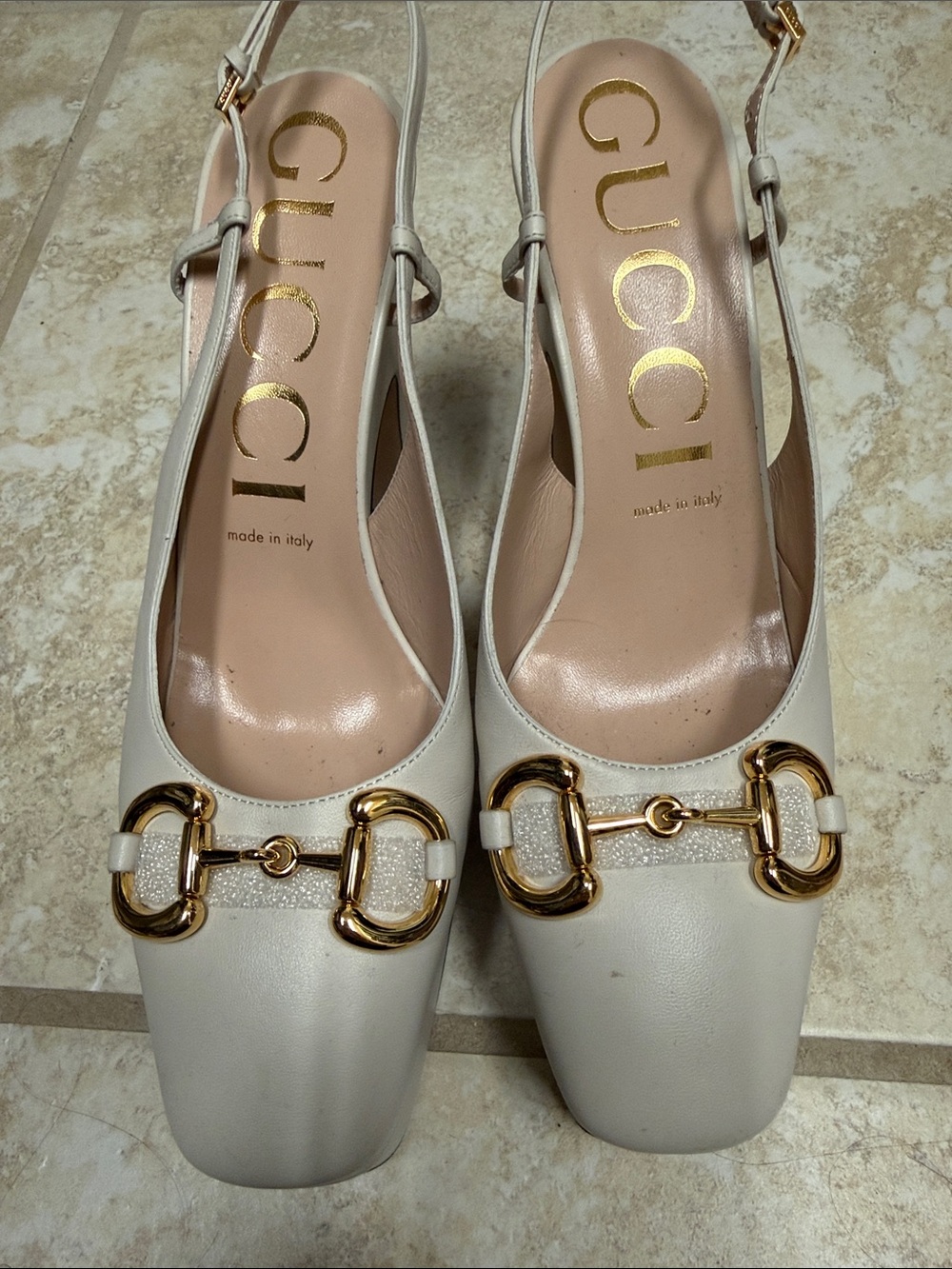 Gucci White Leather Horsebit Slingback Mules